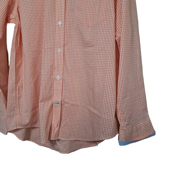 Izod Mens Collared Shirt Button Down Up Peach Orange Check Medium Blue Cuff - Picture 4 of 8